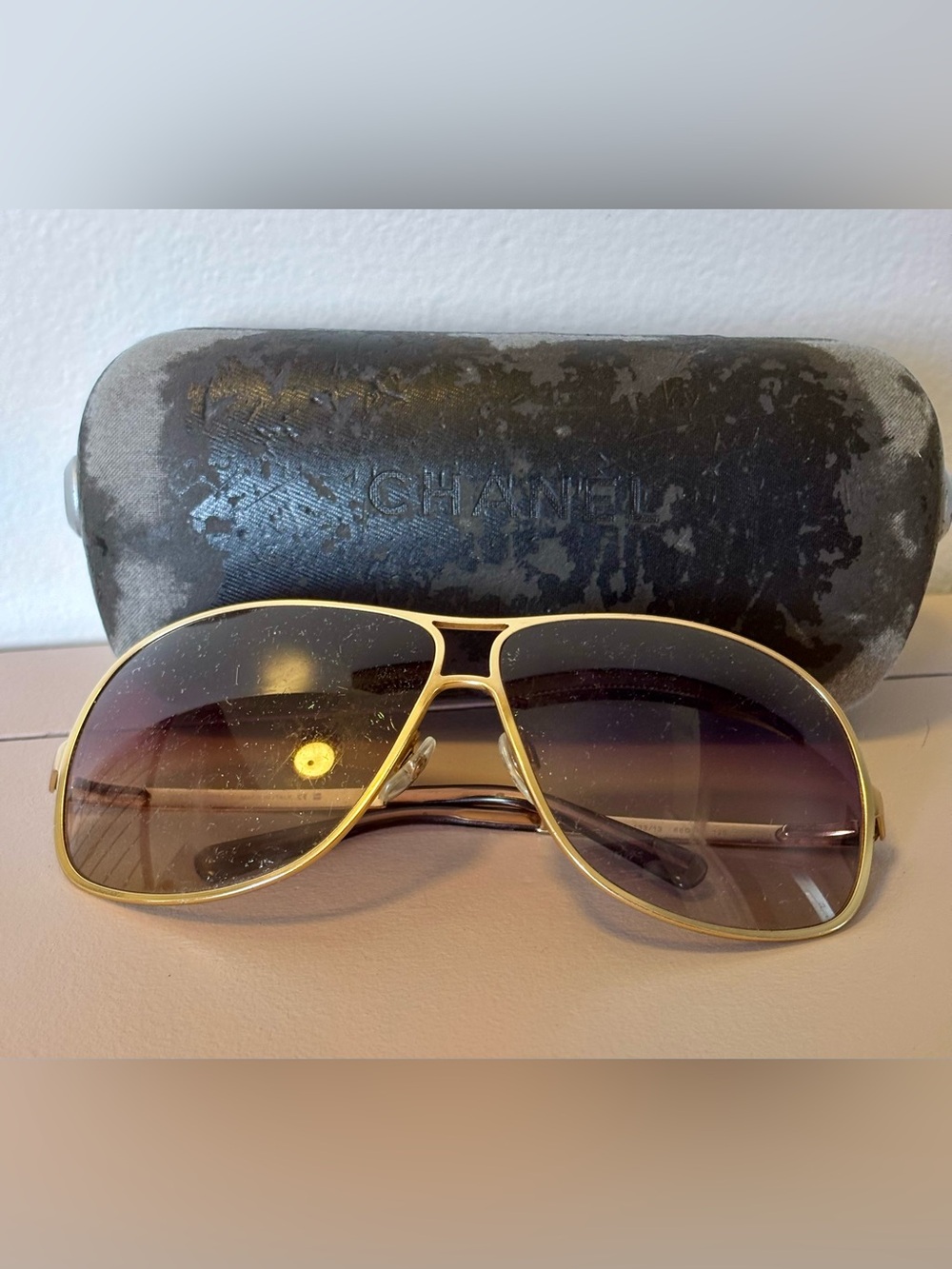 Chanel gold and brown aviator sunglasses with black hard case
